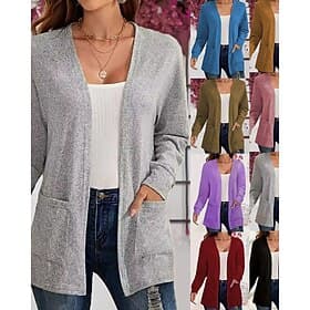 Women's Sweater Cardigan Elegant Streetwear Casual Solid Color V Neck Pocket Knitted Long Sleeve Long Tops Knit Daily Holiday Going out Black Pink Fall Winter