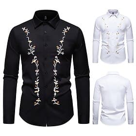 Men's Shirt Dress Shirt Button Up Shirt Embroidered Shirt Plain Formal Wedding Black White Long Sleeve Lapel Spring Fall Clothing Apparel Embroidery