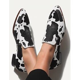 Women's Cowhide Pattern Faux Leather Loafers – Stylish Black  White Slip-On Flats for Casual and Office Wear
