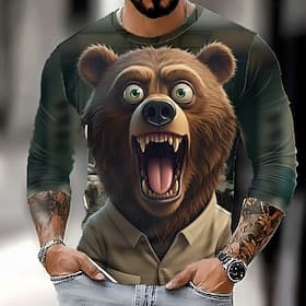 Herren Bär T Shirt Langarm T-Shirt 3D-Druck Rundhalsausschnitt Hemd Mode Basic Lässig Täglich Straße Schwarz Braun Sommer Frühling Bekleidung S M L XL XXL XXXL