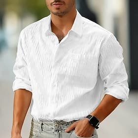 Herren Hemd Freizeithemd Strandhemd Knopfhemd Seersucker-Shirt Schwarz Weiß Grün Langarm Einfarbig Einfach Umlegekragen Urlaub Lässig Tasche Bekleidung Mode Ze