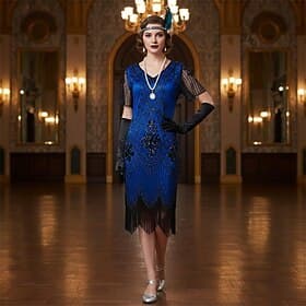Set Roaring 20s 1920s Knee Length Flapper Dress Cocktail Dress Fancy Costume with Accessories Short Sleeves The Great Gatsby Flapper Girl Sequins Tassel Fringe
