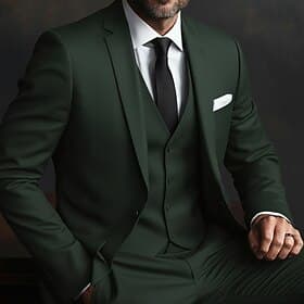 Men's Business Suits Casual Wedding Black Dark Green Spring, Fall, Winter, Summer Suit Notch Lapel Daily Business Solid Colored Tailored Fit 3 Piece Single Bre