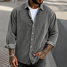 Men's Shirt Casual Shirt Corduroy Shirt Button Up Shirt Black khaki Army Green Gray Long Sleeve Solid Color Turndown Casual Outdoor Warm Clothing Apparel Vinta