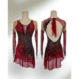Figure Skating Dress Women's Girls' Ice Skating Dress BlackRed Patchwork Thumbhole Spandex Mesh High Elasticity Training Competition Skating Wear Classic Cryst