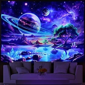 Magnifique tapisserie murale représentant un arbre de vie, une galaxie, des cristaux et des planètes, un reflet, une grande décoration murale, pour photographi