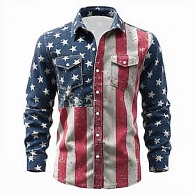 Men's American US Flag Patriotic Shirt Western Shirt Long Sleeve Vintage Retro Casual Holiday WorkWear Spring Fall Turndown Front Two Pockets Linen Like Shirt thumbnail 2