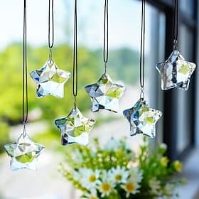 6Pcs Glass Christmas Ornaments Clear Faceted Glass Star Hanging Decorations for Centerpieces Sun Light Catcher Crystal Ornaments for Christmas Tree Windows Cha