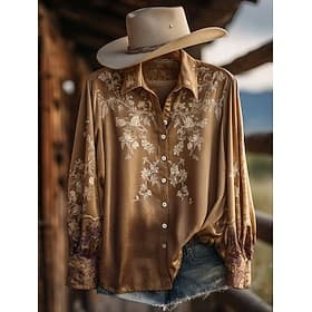 Women's Shirt Blouse Patchwork Buttons Print Floral Graphic Vintage Casual Long Sleeve Shirt Collar Regular Tops Daily Navy Blue Brown Summer Spring Fall Winte