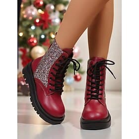 Rote Glitzer-Kampfstiefel für Damen – funkelnde, festliche Schnürstiefeletten für Damen – perfekt für Weihnachten, Winterpartys und festliche Ausflüge