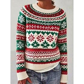 Women's Christmas Sweater Fair Isle Sweater Sweater Pullover Vintage Daily Casual Floral Ribbed Crew Neck Knitted Print Long Sleeve Regular Tops Knit Outdoor W