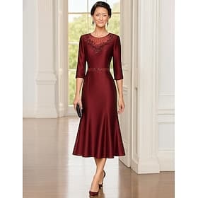 Robe de fête longueur mi-mollet sirène trompette robe cocktail robe d'invitée de mariage robe de mère de la mariée manches 3/4 décolleté en V élégante formelle