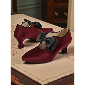 Women's Burgundy Velvet Kitten Heel Shoes with Black Bow - Vintage Victorian Style Dress Pumps for Ladies, Perfect for Weddings, Gatsby Parties  Formal Evening