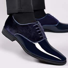 Marineblaue Oxford-Abendschuhe aus Lackleder für Herren mit Kontrasteinsätzen aus Wildleder, elegante formelle Schuhe mit spitzer Spitze für Geschäfts- und Abe