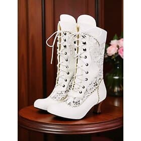 weiße viktorianische Schnürstiefel für Damen bis zur Wadenmitte mit klobigem Absatz – Braut- und Partyschuhe im Vintage-Edwardian-Stil der 1900er