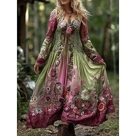 Women's Maxi Dress A Line Dress Fit And Flare Dress Vintage Boho Date Regular Fit Floral Graphic Long Sleeve V Neck Green Spring Fall Winter