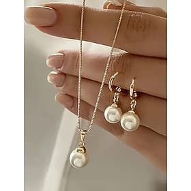set di collana e orecchini in perle finte da donna con dettagli dorati, eleganti gioielli natalizi per le feste