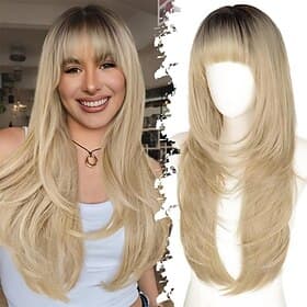 Long Blonde Wig with Bangs for Women- Dark Root to Blonde4x4 Realistic ScalpFree PartingLayered Hairstyle Synthetic Heat Resistant for Daily Party Use 26 inch
