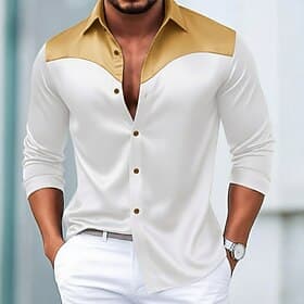 Men's Shirt Satin Shirt Dress Shirt Casual Shirt Button Up Shirt Prom Shirt Color Block Formal Wedding Black White Wine Navy Blue Long Sleeve Lapel Spring   Fa