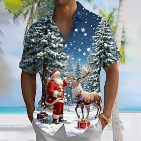Christmas Men's Santa Claus Reindeer Snowflake Shirt Button Up Shirt Short Sleeve Funny Outdoor Holiday Summer Spring Turndown 3D Print Collared Shirts Blue