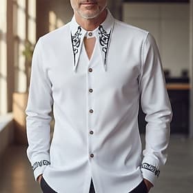 Men's Shirt Satin Shirt Dress Shirt Embroidered Shirt Black White Long Sleeve Geometric Plain Straight Collar Vacation Business Embroidery Clothing Apparel Fas
