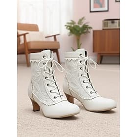 Women's White Victorian Lace-Up Ankle Boots with Low Heels and Scalloped Trim, 1920s Vintage Retro Edwardian Style Fashion Shoes for Daily Wear, Cosplay Weddi