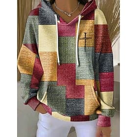 Women's Pullover Hoodie Sweatshirt Print Front Pocket Graphic Geometric Warm Vintage Casual Long Sleeve Hooded Regular Tops Casual Street Dailywear Pink Purple