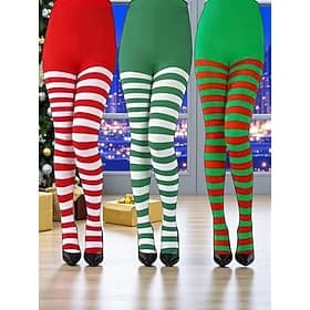 Women's Christmas Striped Tights, Festive Red and Green Stretch Leggings for Holiday Costumes  Party Outfits
