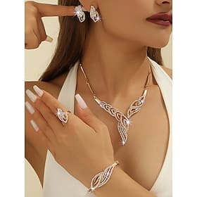 Women's Gold Plated Jewelry Set with Rhinestones, Elegant 4-Piece Necklace, Bracelet, Earrings  Ring Set for Parties, Weddings  Evening Events