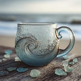 Krus i havglassbølger, håndlaget kaffekopp i glass med havbølger, iriserende håndlaget drikkeglass, unik julegave til kvinner menn, strand, hav, elsker gave