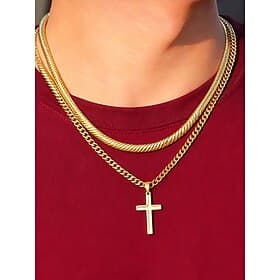 Men's Stainless Steel Cross Pendant Necklace, Durable Fashion Chain Jewelry, Stylish Christian Gift for Christmas, Party  Daily Wear
