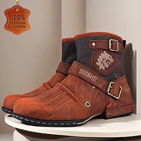 Bottines de moto en cuir véritable marron pour hommes avec sangles à boucle et design rétro, bottes de motard durables pour la conduite, les aventures en plein