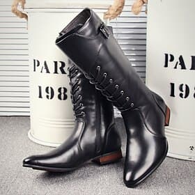 stivali da equitazione alti da uomo in similpelle nera con lacci anteriori e cerniera laterale, stivali lunghi in stile equestre vintage per costumi, moda goti