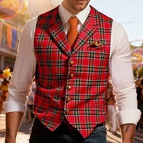 Hombre Chaleco Navidad Exterior Vacaciones Fiesta Moda Ropa de calle Primavera Otoño Botones Polyester Transpirabilidad Plaid Botonadura Simple Escote en Pico