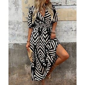 Femmes Robe Longue Maxi Robe Robe Décontractée Robe Imprimée Élégant Mode Moderne Quotidien Fête Sortir Coupe régulière Rayé manche longue Col en V Bleu Noir V