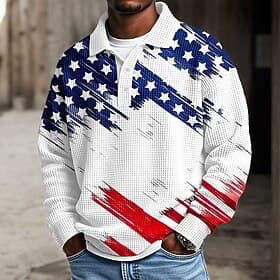 2026 250th Men's American US Flag Polo Textured Long Sleeve Polo Shirts Lapel Casual Athleisure Daily Wear 3D Print Spring Fall Winter White 1 White 2