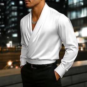Men's Shirt Silk Like Satin Shirt Dress Shirt Casual Shirt Prom Shirt Plain Formal Wedding Black White Long Sleeve V Neck All Seasons Clothing Apparel