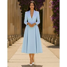 Women's Tuxedo Dress A-Line Formal Stretch Crepe Elegant Long Sleeve Tea Length Midi Length Peaked Lapel V Neck Single Breasted Two-button