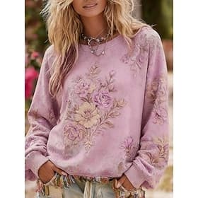Women's Pullover Sweatshirt Floral Casual Long Sleeve Crew Neck Regular Tops Casual Street Dailywear Pink Purple Spring Fall Winter