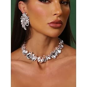 Women's Silver Crystal Statement Necklace and Earring Set - Glamorous Chunky Rhinestone Jewelry for Parties, Weddings and Evening Events