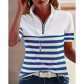 Women's Striped Quarter Zip Polo Shirt Short Sleeve High Neck Casual Tops for Summer Spring Daily  Weekend Wear Multiple Colors