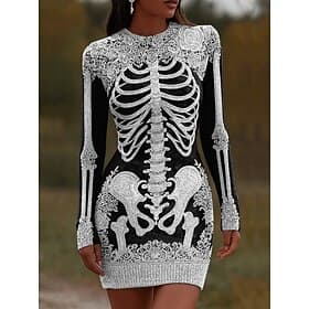 Damen Minikleid Pulloverkleid Urlaub Lässig Boho Täglich Ferien Ausgehen Schlank Grafik Schädel Langarm Rundhalsausschnitt Schwarz Weiß Orange Herbst Winter