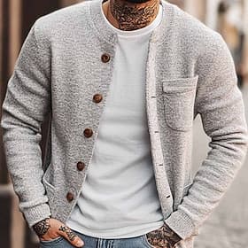 Men's Sweater Cardigan Sweater Ribbed Knit Regular Tops Button Up Knitted Plain Crew Neck Vacation Fashion Casual Daily Wear Clothing Apparel Spring   Fall Gra