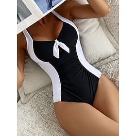 Women's One Piece Swimsuit Slimming Colorblock Monokini High Cut Tummy Control High Waist Slim Backless Elegant Vacation Color Block Halter Neck Sleeveless Bat