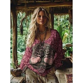 Women's Boho T-shirt Graphic Geometric Elegant Bohemia Tropical Long Sleeve V Neck Regular Tops Daily Going out Weekend 3D Print Pink Purple Orange Green Summe
