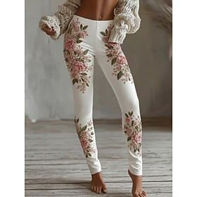Women's Leggings Cozy Leggings Vacation Vintage Ethnic Style Full Length High Waist Floral Printing Comfortable Stretchy Casual Daily Vacation White Spring Fal
