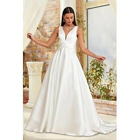 Hall Formal Wedding Dresses A-Line V Neck Sleeveless Sweep Brush Train Satin Bridal Gowns With Ruched Solid Color