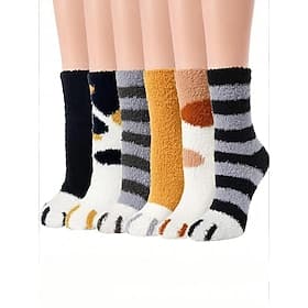 Women's Cotton Blend Socks, Set of 6 Pairs with Cat Paw Print Design, Multiple Colors, Soft and Cozy for Everyday Wear