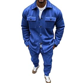 Men's Sweatshirt Tracksuit Outfit Set Lapel Daily Outdoor Sports Drawstring Button Up Pocket Plain Navy Blue Polyester Activewear Fashion Streetwear Spring