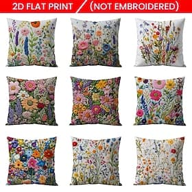 Floral Pattern Pillow Cover 2D Flat Print Soft Comfortable Cushion Case with Faux embroidery for Living Room Sofa Bedroom Home Decoration